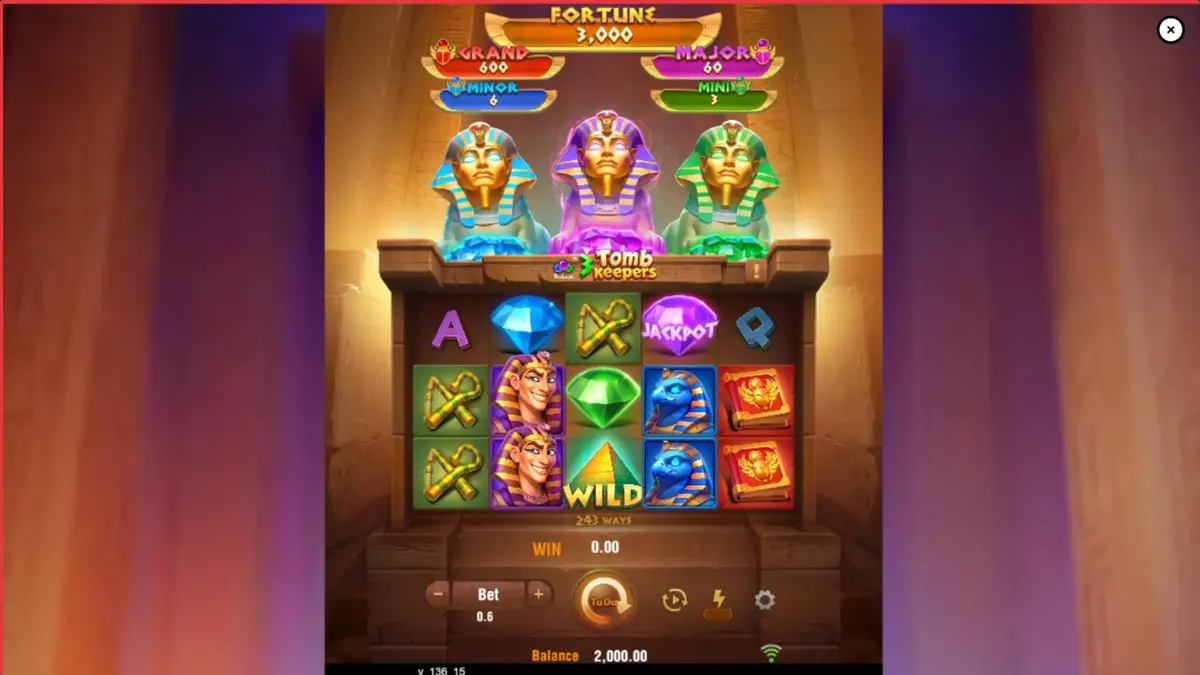 Tampilan visual slot 3 Tomb Keepers dengan tema Mesir kuno dan patung Firaun.
