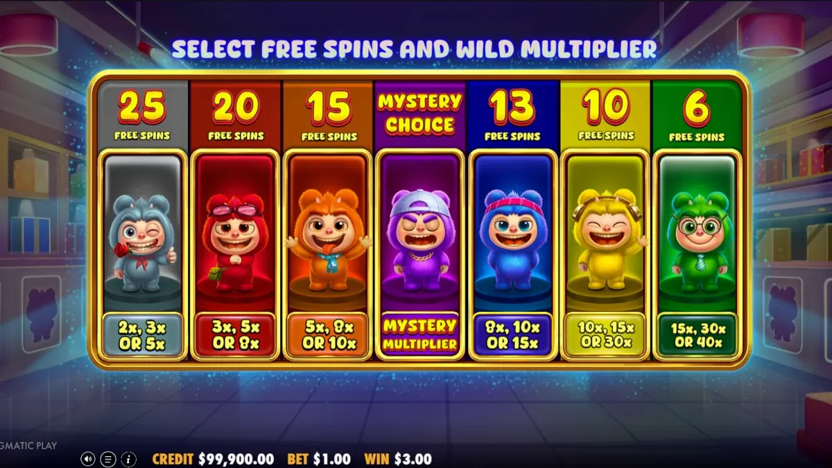 Tampilan visual slot Furry Bonanza Megaways dengan karakter beruang lucu dan latar belakang hutan ajaib.