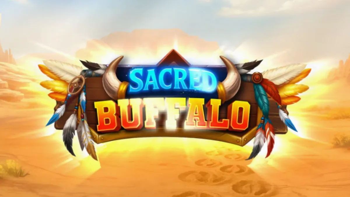Pemandangan visual slot Sacred Buffalo dengan latar belakang dataran Wild West dan simbol totem.